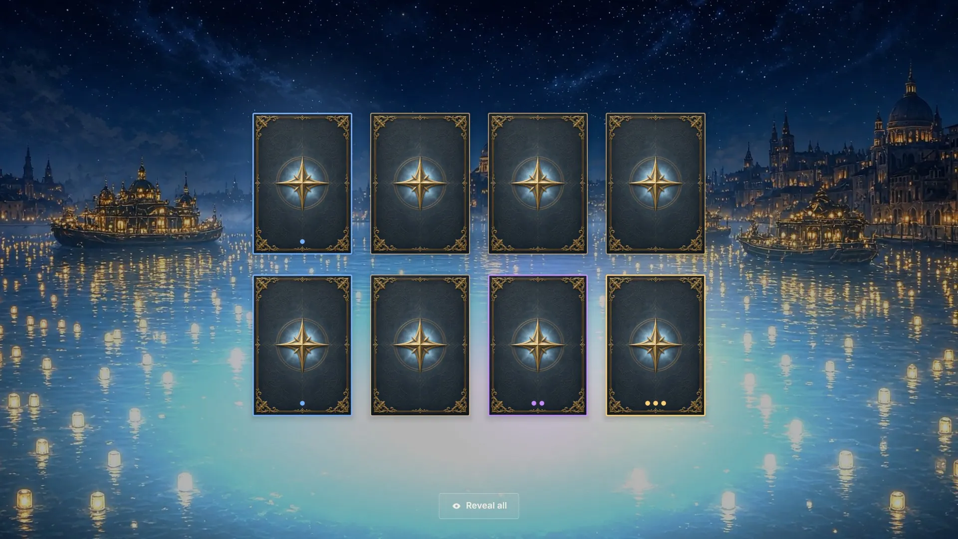 A pack opening over the lake at night, with a burst of light before the cards are revealed.
